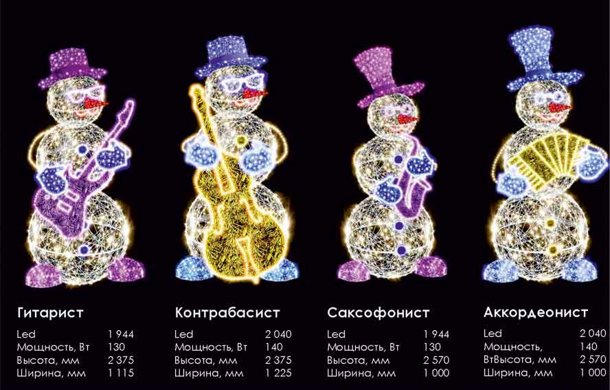 Семейка снеговиков музыкантов световая новогодняя уличная большая